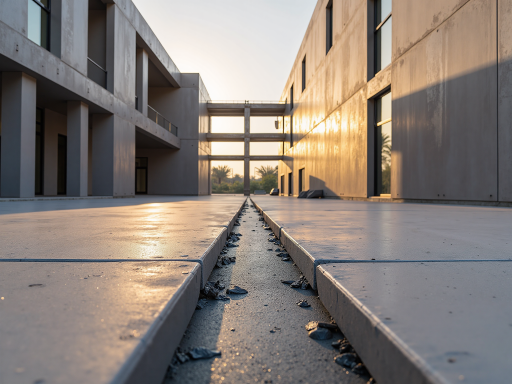 现代化工业厂房外观，灰色混凝土建筑配玻璃幕墙，阳光照射下显得现代感十足，周围绿植环绕