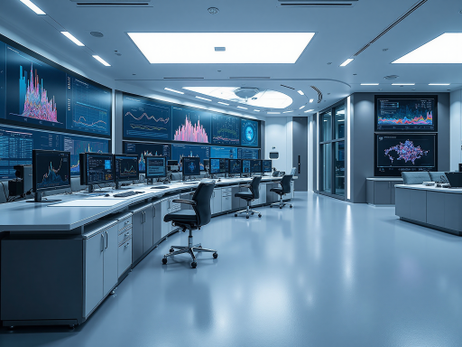 远程监控系统界面，多屏显示设备状态，彩色图表和实时数据，控制室环境