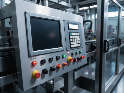 质量控制系统设备，白色工业设备，配备摄像头和检测传感器，生产线上方安装